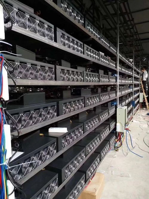 A close-up of an ASIC mining rig in operation, with glowing lights and cooling fans.